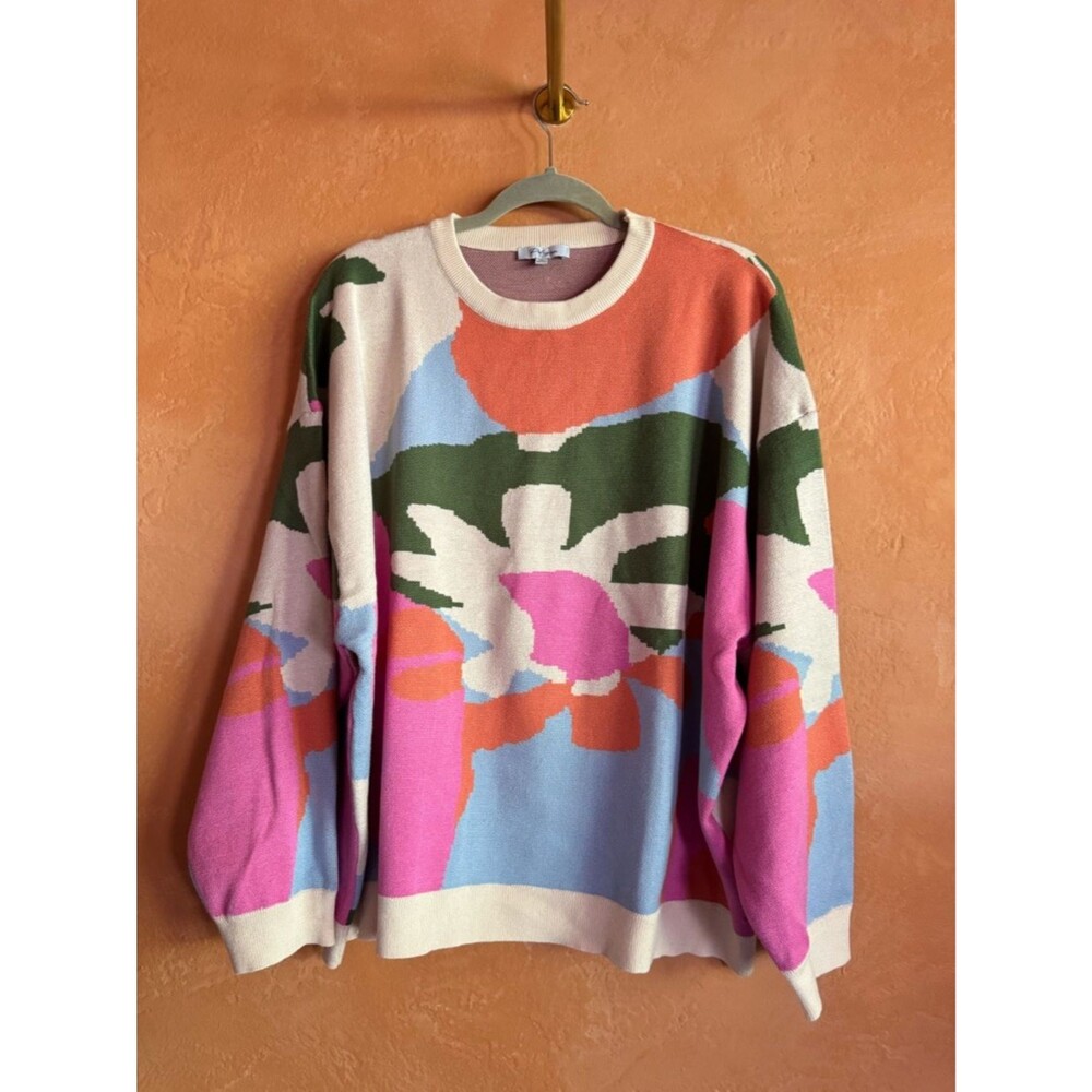 Polagram Abstract Floral Sweater Oversized Colorblock Knit 1XL